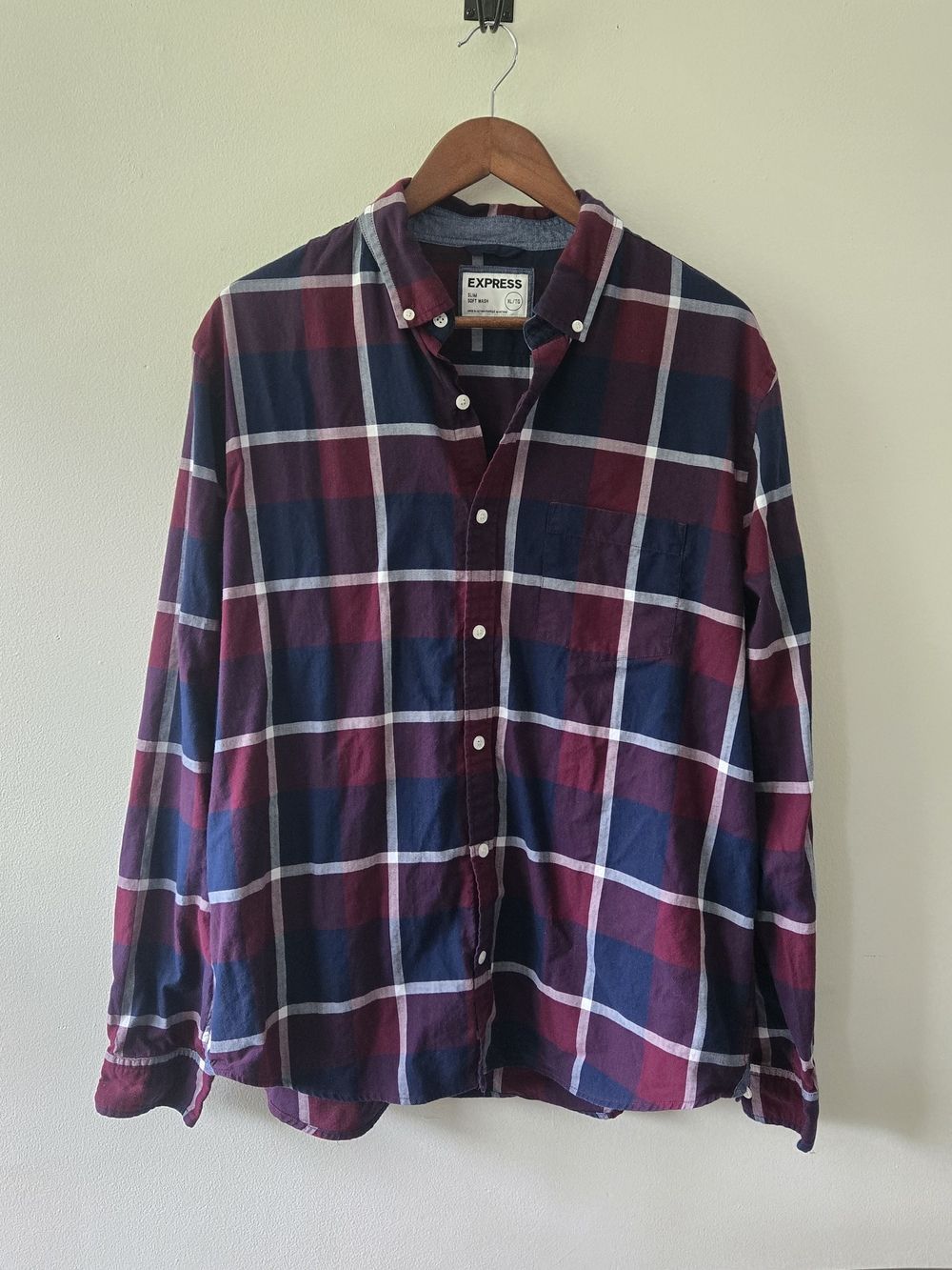 Express Slim Soft Wash Plaid Cotton Button Down XL